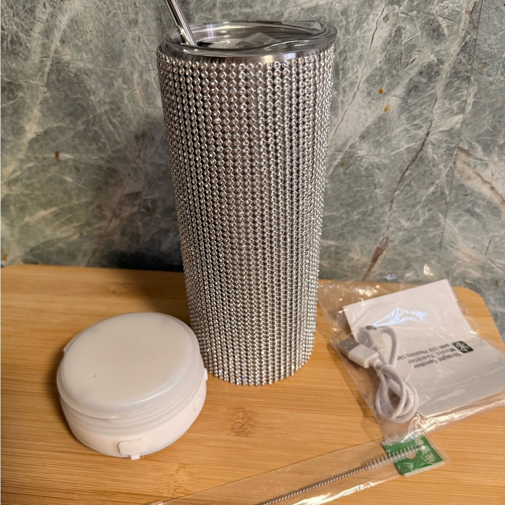 Silver Rhinestone Tumbler with Straw